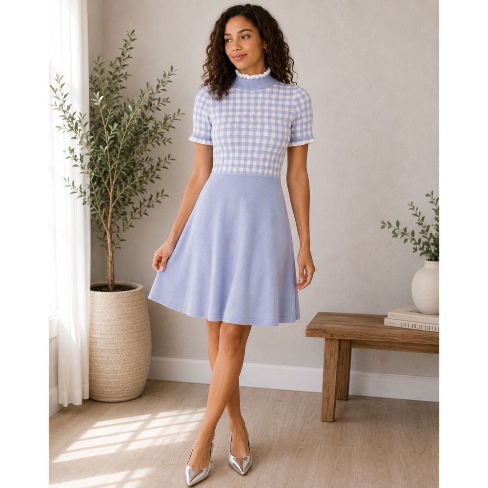 1901 Ruffle Neck Gingham Sweater Dress Blue White XL Fit and Flare Mock Neck
